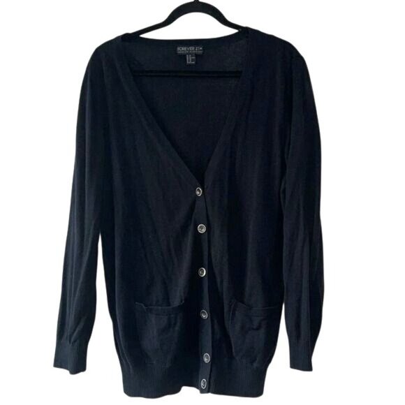 Forever 21+ Black Button Front Cardigan Sweater 2X Plus Size Long Sleeve With Po - Picture 1 of 6